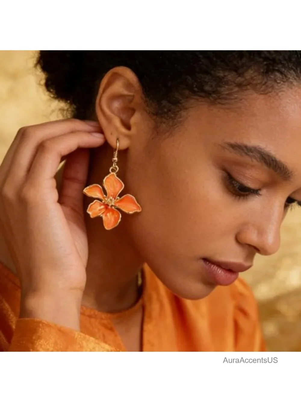 Enamel Five-Petal Flower Dangle Earrings Gold Plated Statement Jewelry Women's